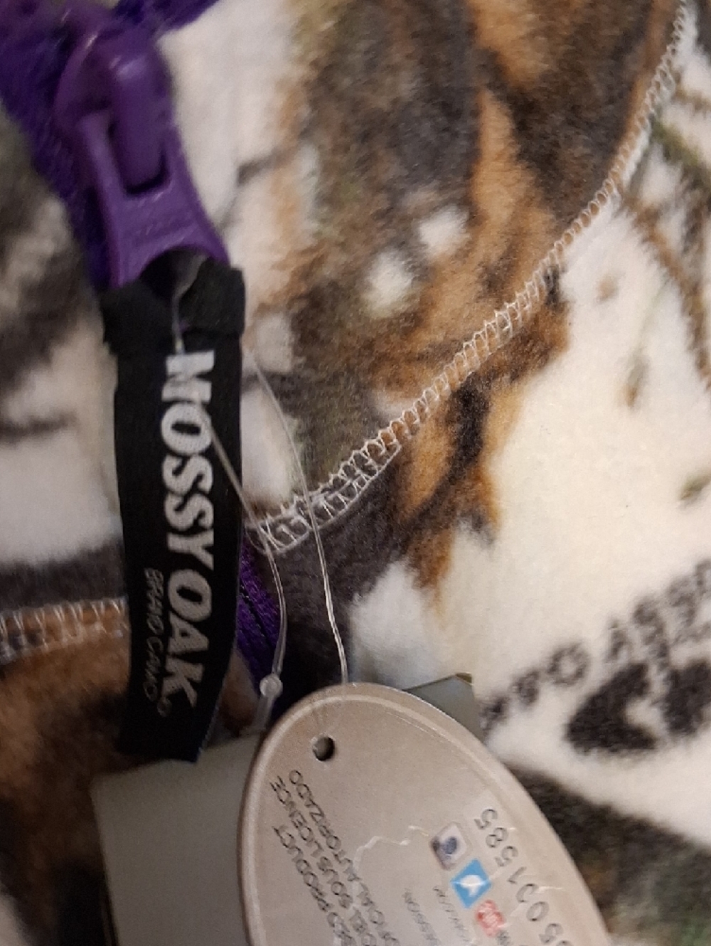 Mossy Oak White and Brown Realtree-Style Camo Fleece Jacket with Purple Accents. - Picture 7 of 13